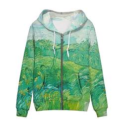BYCHECAR Damen Langarm Reißverschluss Kapuzenjacke Sweatshirt Mantel, Van Gogh Weizenfeld, Grün, 36 von BYCHECAR