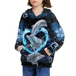 BYCHECAR Mädchen Hoodies Sweatshirt Langarm Kapuzenpullover mit Tasche, Blaue Hawaii-Blume mit Delfin, 11- 13 Jahre von BYCHECAR