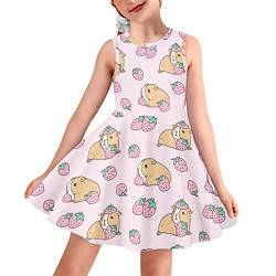BYCHECAR Mädchen Kleider Casual A-Linie Midi Kleider für Kinder Ärmelloses Sommerkleid, Meerschweinchen Erdbeere, 5-6 Jahre von BYCHECAR