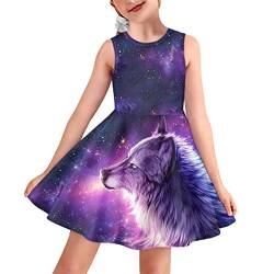 BYCHECAR Niedliche Sommerkleider Mädchen A Linie ausgestelltes Partykleid Freizeit Flowy Kleider, Galaxy Wolf, 9-10 Jahre von BYCHECAR