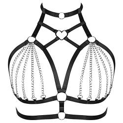 Damen Body chain Harness BH Breast Hollow Out Heart Körperkette Geschirr Einstellbare Cupless BH Punk Gothic Rave Halloween Kostüm (schwarz) von BYDHSS