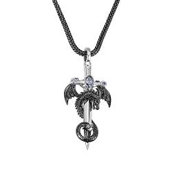 BYFDIY Drachen Schwert Halskette Coole Drachen Anhänger Herren Drachen Flügel Halskette Kupfer Punk Drachen Flügel Silber Schwert Schwarz Drachen Kreuz Halskette Geburtsstein Halskette für Kinder, von BYFDIY