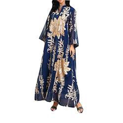 Frauen Dubai Kleid Kaftan Islamisches Gewand Elegantes Gold Pailletten Muslimisches Kleid Schöner V-Ausschnitt Lose Robe (Color : Blue, Size : S) von BYLIA