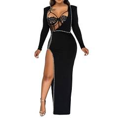 Frauen Sexy Hot Drilling Bodycon Kleider 2 Stück Strass Durchsichtiges Mesh Kleid Langärmeliges Club Night Dress (Color : Black, Size : XL) von BYLIA