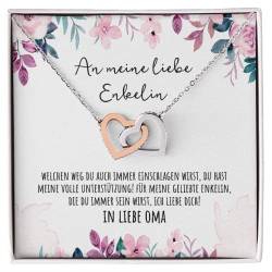 BYLITZ An meine liebe Enkelin Doppelherz Halskette mit personalisierter Karte und LED Box Kette mit Zirkonia für die Enkeltochter zum Geburtstag Weihnachten (Mahagoni LED Box - Rosé Gold/Edelstahl) von BYLITZ