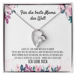 Für die beste Mama der Welt Halskette mit personalisierter Karte Herz Kette mit Zirkonia für die Mutter zum Geburtstag, Muttertag, Frauentag oder Weihnachten (Standard Box - 14K Weißgold Finish) von BYLITZ