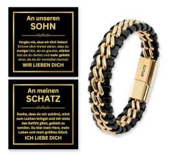 Leder Armband An meinen Mann/Schatz/Sohn Geschenk mit personalisierter Glückwunschkarte und Box für Männer, Herren, Jugendliche, Jungen zum Geburtstag, Jahrestag, Weihnachten (17cm, Gold) von BYLITZ