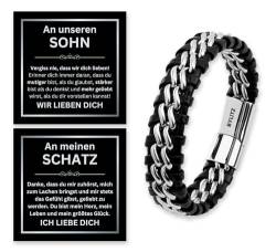 Leder Armband mit Box An meinen Mann/Schatz/Sohn Geschenk mit personalisierter Glückwunschkarte für Männer, Herren, Jugendliche, Jungen zum Geburtstag, Jahrestag, Weihnachten (17cm, Silber) von BYLITZ