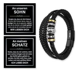 Leder Armband mit Box An meinen Mann/Schatz/Sohn Geschenk mit personalisierter Glückwunschkarte für Männer, Herren, Jugendliche, Jungen zum Geburtstag, Weihnachten, Jahrestag (17cm, Gold & Silber) von BYLITZ