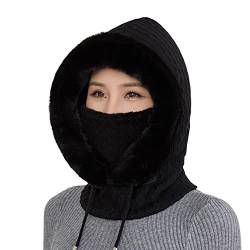 2 in 1 Wintermütze Sturmhaube, Damen Strickmütze Warme Wintermütze Nackenwärmer Schal Mütze Balaclava Plüschfutter Mütze Fleece Kapuze Skimütze für Frauen Sturmhauben Beanie Wintermützen von BYNYXI