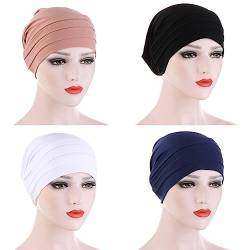 4 Stück Damen Chemo Mütze, Elastische Turban Beanie Bandana Hüte Muslimische Kopftuch Chemo Kopfbedeckung Damen Sommer Baumwolle Hut Headwear für Haarausfall Chemo Krebs Cap Schlafmütze Kopftuch von BYNYXI