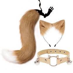 Halloween Katzenohren Stirnband mit Fuchspelzschwanz Cosplay, 3er Set Haarreifen Katzenohren Plüsch Fuchs Glockenhals verstellbaren Halskette Schwanz Katze Cosplay Kostüm Set für Erwachsene Kinder von BYNYXI