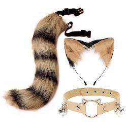 Halloween Katzenohren Stirnband mit Fuchspelzschwanz Cosplay, 3er Set Haarreifen Katzenohren Plüsch Fuchs Glockenhals verstellbaren Halskette Schwanz Katze Cosplay Kostüm Set für Erwachsene Kinder von BYNYXI