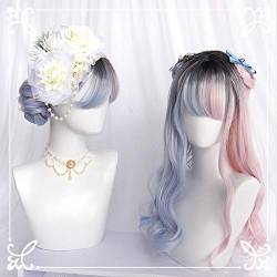 Lolita Cosplay-Perücke, japanische Stil, Hochtemperaturfaser, Kunsthaar, Blau, Rosa, langes gewelltes Haar, inkl. Haarkappe von BYOOTI