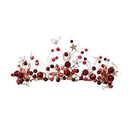 Braut Hochzeit Stirnband Ohrringe Set, Rote Perle Blume Schmetterling Haar Rebe Zopf Kopfschmuck Braut Haarschmuck für Frauen und Mädchen von BYVUTE