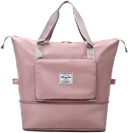 Faltbare Reisetasche mit großer Kapazität, tragbar, faltbar, leicht, wasserdicht, Oxford-Seesack mit Fächern für nasse Kleidung, erweiterbarer Platz, geeignet für Fliegen und Reisen, Pink von BYVUTE