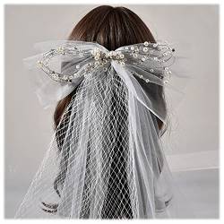 Hochzeit Brautschleier, 2021 Weiße Schleife Tüll Mesh Schleier mit Perle Kurze Schleife Knoten Braut Haarschmuck für Frauen und Mädchen Mode Stil von BYVUTE