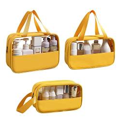 BYYLECL Kulturbeutel, PU-Tragbare Reise-Kosmetiktasche, für Frauen, PVC, durchscheinend, Make-up-Tasche, tragbar, große Kapazität, Kulturbeutel, gelb, dreiteiliges Set von BYYLECL