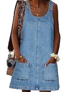 BZB Damen Ärmelloses Casual Denim Kleid Rundhalsausschnitt Vintage Overall Minikleid mit Taschen, Blau, X-Groß von BZB