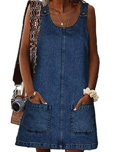 BZB Damen Ärmelloses Casual Denim Kleid Rundhalsausschnitt Vintage Overall Minikleid mit Taschen, Marineblau, X-Groß von BZB