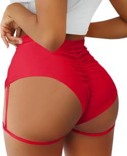 BZB Damen Yoga-Shorts mit hoher Taille und Strumpfhaltern, Booty Dance Cheeky Hot Pants Gym Workout Butt Lifting Aktive Sport Leggings, rot, Mittel von BZB