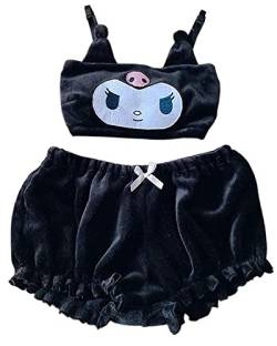 Kawaii Anime Niedliches Pyjama-Set für Frauen Süßes schönes Samt-Top und Shorts Zweiteilige Cartoon-Nachtwäsche Sets, Schwarz, M von BZB