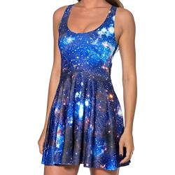 Frauen Ärmel Skater-Kleid-Sommer Bunte - 3D Digital Printing Kleid Mode Glühende Blauer Sternenhimmel Galaxie Printied Skater-Kleid, (Color : Multi-Colored, Size : S) von BZPOVB