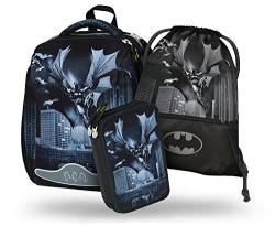 Baagl Schulranzen Jungen Set 3 Teilig, Shelly Hartschalen Schultasche ab 1. Klasse, Ergonomische Grundschule Ranzen mit Brustgurt (Batman Dark City) von Baagl