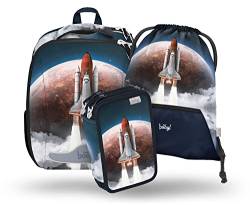 Baagl Schulranzen Jungen Set 3 Teilig, Shelly Hartschalen Schultasche ab 1. Klasse, Ergonomische Grundschule Ranzen mit Brustgurt (Space Shuttle) von Baagl