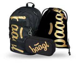 Baagl Schulrucksack Set Mädchen Jungen 3 Teilig, Schultasche ab 3. Klasse, Grundschule Ranzen mit Brustgurt, Ergonomischer Schulranzen (Skate Gold) von Baagl