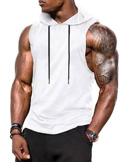 Babioboa Herren Fitness Kapuzenpullover Workout Tanktop ärmellos Hoodie Muskelshirt mit Tasche Gym Sports Weiß XXL von Babioboa