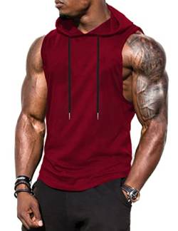 Babioboa Herren Fitness Kapuzenpullover Workout Tanktop ärmellos Hoodie Muskelshirt mit Tasche Gym Sports Winerot XXL von Babioboa