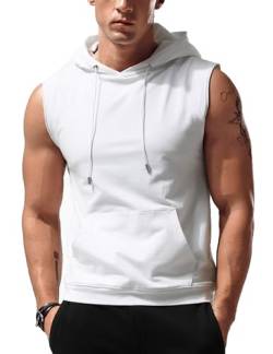 Babioboa Herren Muskelshirts Training Tanktop Workout Pullover Hoodie mit Tasche Unterhemd Sports Fitness Training Weiß L von Babioboa