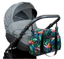 BabyLux Wickeltasche COLORFUL Kinderwagen Buggy Große Handtasche Babytasche mit Befestigung für Mutter Handtasche (82. Schwarz + Tropic) von BabyLux