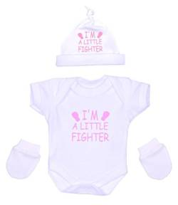 BabyPrem Frühchen Baby Body Hut Fäustlinge Set Mädchen 'Little Fighter' Kleidung 32-38cm ROSA P2 von BabyPrem