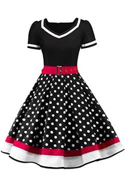 Babyonlinedress Damen Abendkleid Chic Jointiv mit Gürtel Vintage Retro 50s Pin-up Rockabilly Swing gepunktet Gr. XXXL, Schwarz von Babyonlinedress