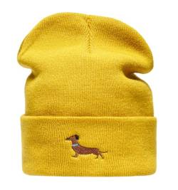 Baddery Strickmütze Herren & Damen : Dackel - Geschenk für Hundebesitzer Jäger Geschenke - Beanie Männer Mütze Gassi (Senfgelb) von Baddery