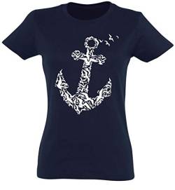 Damen T-Shirt: Anker - Tailliert - Segeln Meer See Kapitänin Boot - Geschenk für Frau-en - Urlaub Outdoor Camping Angeln - Sport Fitness Freizeit - Yacht Kreuzfahrt Cruise Rudern (Navy M) von Baddery