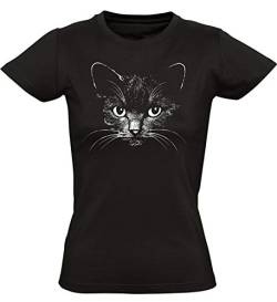 Damen T-Shirt: Katze - Tailliert - Cat - Geschenk für Frau-en - Schwarz - Kätzchen - MIAU - Mieze - Niedlich - Fun - Lustig - Streetwear - Sport - Slim Fit - Süß (XL) von Baddery