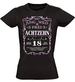 Geburtstagsgeschenk für Frauen : 18 Jahre Jung wild und frei - Damen Geschenk T-Shirt zum 18. Geburtstag - Tshirt für Beste Freundin Volljährigkeit (L) von Baddery