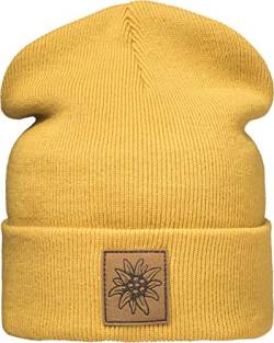 Outdoor Strickmütze: Edelweiß mit Leder Patch - Berg-steigen Klettern Bouldern Sport Wandern Gebirgsjäger Bundeswehr Wintermütze Beanie Mütze Damen & Herren Frau-en & Männer Geschenk (One Size Gelb) von Baddery