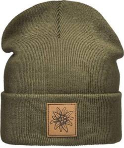 Outdoor Strickmütze: Edelweiß mit Leder Patch - Berg-steigen Klettern Bouldern Sport Wandern Gebirgsjäger Bundeswehr Wintermütze Beanie Mütze Damen & Herren Frau-en & Männer Geschenk (One Size Grün) von Baddery