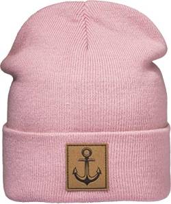 Strickmütze: Anker mit Leder Patch - Wollmütze Winter-Mütze - Seemann - Long Beanie Herren Damen Junge-n Mädchen Kind-er - Angler Kapitän Mütze - Schwarz - Streetwear - Geschenk (One Size Rosa) von Baddery