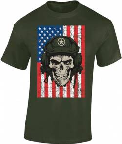 US Army Shirt Herren - Army Skull - USA Tshirt Männer - Stars and Stripes T-Shirt (Army L) von Baddery