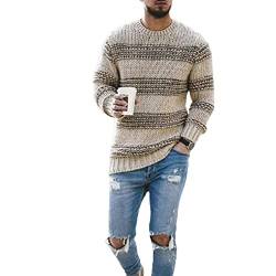 Baenxo Gestreifter Pullover mit Rundhalsausschnitt für Herren Strickpullover Rundhals Pulli Männer Bequem und Weich Warmer Winter Basic Langarm Pullover von Baenxo