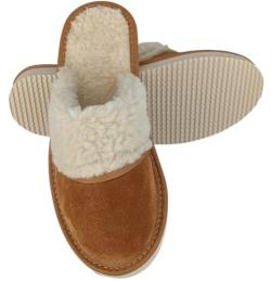 Baffiks Damen Hausschuhe Leder Wildleder mit Natur Fell Neturfell Pantoletten Pantoffeln Fell Sohle Warm Sohle Women's Slippers (Braun, 38) von Baffiks