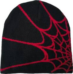 Spider Web Hat Beanie Y2k, Mode Spide-Man Beanie Spider Mütze,Warme Y2k Mütze Y2k Beanie Strickmütze,Hip Hop Y2k Beanie Spider Beanie für Herren Damen (Acryl, Schwarz Rot) von Bafiwu