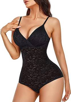 Body Shaper Damen Bauchweg Shapewear Miederbody Stark Formend Figurformende Shaping Body mit V-Ausschnitt BH Bodysuit Spitze Sexy (Schwarz, 3XL) von Bafully