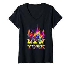 Damen Bunte New York City Skyline, cooler New York City Splash T-Shirt mit V-Ausschnitt von Bahaa's Tee