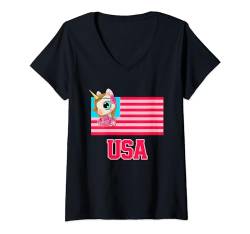 Damen I Love Unicorn Baby, Cute USA Unicorn Squad Cartoon Graphic T-Shirt mit V-Ausschnitt von Bahaa's Tee